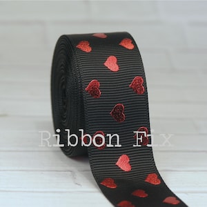 1&quot; Black & Red Foil Shiny Heart Print Grosgrain Ribbon - Valentine&#39;s Day - Engagement - Love Gift Wrap - Dog Collar Leash - Cupid Kiss Bows