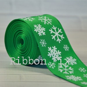 1.5&quot; Christmas Emerald Green Snowflake Print Grosgrain Ribbon - Winter Snow - Craft Sewing - Holiday Party - Gift Wrap - Dog Collar Leash