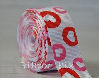 7/8" White Heart Dots Print Grosgrain Ribbon - Valentine's Day - Wedding Gift Wrap - Anniversary - Love - Dog Collar Leash - Red - Hot Pink