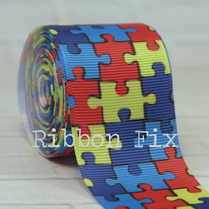 1.5&quot; Autism Awareness Puzzle Print Grosgrain Ribbon - School Bow - Rainbow Pieces - Red - Yellow - Copen - Royal Blue - Light It Up - ASD