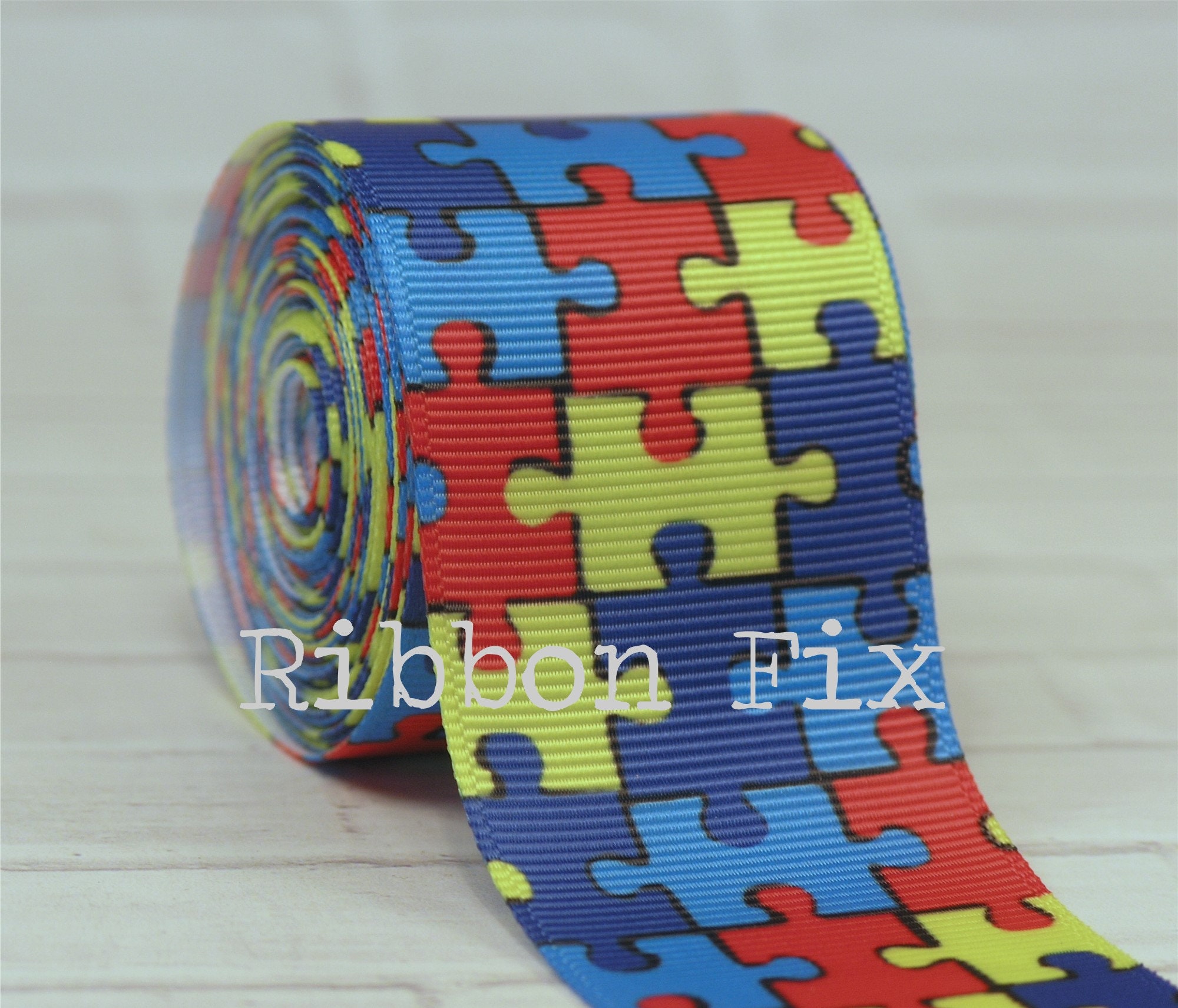 1.5" Autism Awareness Puzzle Print Grosgrain Ribbon - School Bow ...