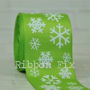 1.5&quot; Lime Green Christmas Snowflake Print Grosgrain Ribbon - Winter Snow Flakes - Holiday Party - Gift Wrap Bows - Dog Collar - Baby Frozen