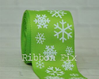 1.5" Lime Green Christmas Snowflake Print Grosgrain Ribbon - Winter Snow Flakes - Holiday Party - Gift Wrap Bows - Dog Collar - Baby Frozen