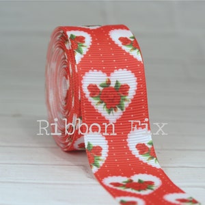 1&quot; Red Lace Victorian Doily Heart Print Grosgrain Ribbon - Valentine&#39;s Day - Love Gift Wrap - Dog Collar -  Cupid Kisses - Red Hearts - Dots