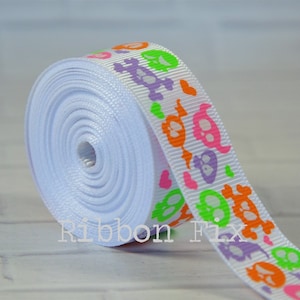 7/8&quot; White & Neon Silly Skull Print Grosgrain Ribbon - Sugar Skulls - Halloween Bows - Monster - Dia de Los Muertos - Pink - Green - Orange