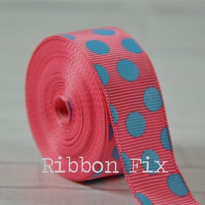 7/8&quot; Rosa caliente con cinta de grosgrain lunar turquesa - Fiesta revelación de género - Envoltura de regalo - Puntos azules - Baby Shower - Collar de perro - Pascua