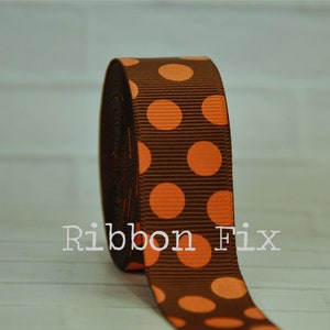 7/8&quot; Brown with Orange Polka Dot Grosgrain Ribbon - Thanksgiving - Halloween - Gift Wrap Bows - Football Dots - Turkey - Dog Collar - Leaves