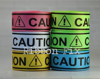 7/8" Caution Tape Print Grosgrain Ribbon - Halloween Yellow - Crime Scene - Do Not Pet - In Training - Not Friendly - Cat Collar - Dog Leash