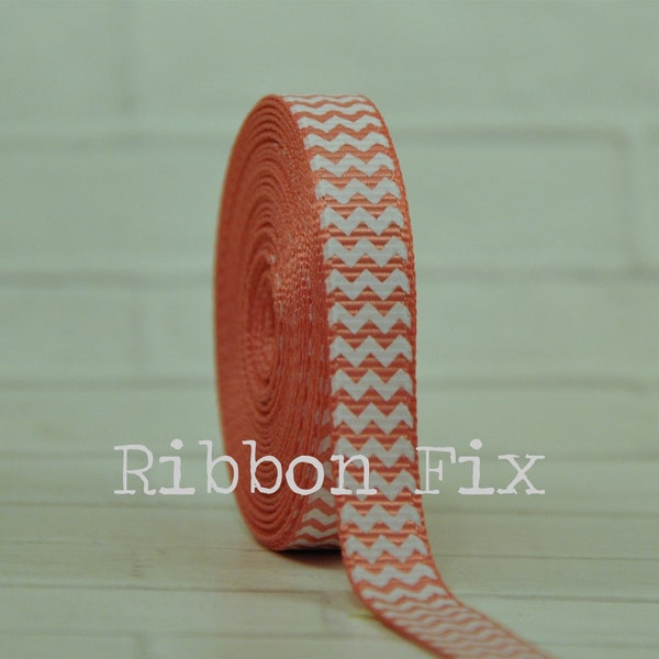 3/8" Dusty Coral Pink & White Chevron Stripe Grosgrain Ribbon - US Designer - Baby Shower - Wedding Gift Wrap - Dog Collar - Korker Bows