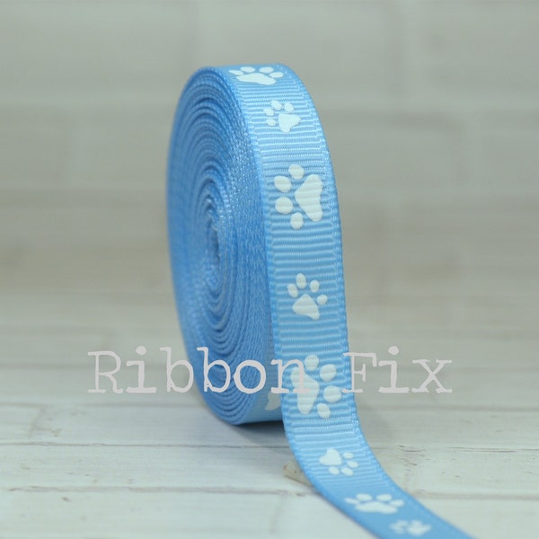 3/8" Baby Blue & White Paw Print Grosgrain Ribbon - US Designer Paws - Dog Cat Collar Leash Bow - Grooming Bows Gifts - Treat - Baby Shower