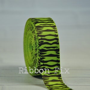 5/8&quot; Lime Green & Black Zebra Print Grosgrain Ribbon - Zoo Animal Stripe - Wedding Party - Baby Shower - Dog Collar - Jungle Birthday - Bows