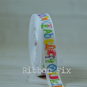 Ruban gros-grain blanc 3/8" imprimé alphabet - designer américain - lettres préscolaires - enseignante de maternelle - ABC - livre de lecture - retour à l'école