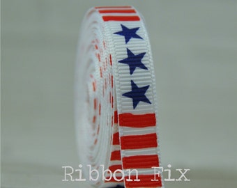 3/8" Stars & Stripes Print Grosgrain Ribbon - 4th of July - Red White Blue - USA Korkers - Baby Shower - Patriotic - Dog Collar - Military