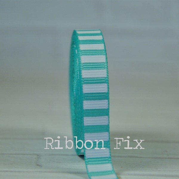 3/8" Tropic Blue & White Vertical Stripe Grosgrain Ribbon - US Designer Stripes Print - Baby Shower - Wedding Party - College - Dog Collar