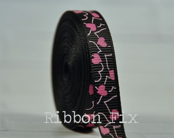 3/8" Black & Hot Pink Stencil Heart Print Grosgrain Ribbon - Valentine's Day - Wedding Party - Hugs + Kisses - Love - Dog Collar - Gift Wrap