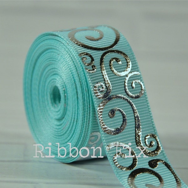 7/8" Aqua Blue & Silver Foil Swirl Print Grosgrain Ribbon - US Designer - Craft Diamonds - Wedding Bows - Baby Shower Bow - Dog Collar Leash