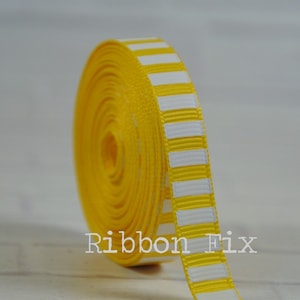 3/8&quot; Yellow & White Vertical Stripe Grosgrain Ribbon - US Designer Stripes Print - Baby Shower - Wedding Gift Wrap - Dog Collar - Sunshine