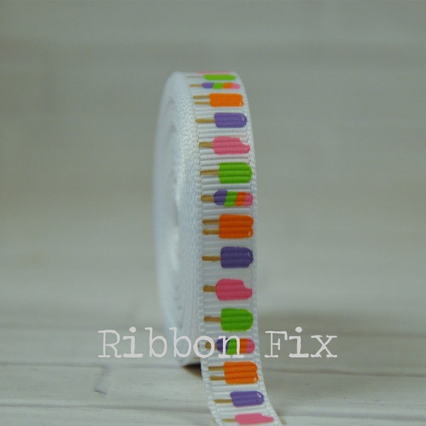 3/8" White Popsicles Grosgrain Ribbon - US Designer Print - Popsicle Stick - Ice Cream Truck - Craft Project Bow - Twin Pops - Rocket - Dots