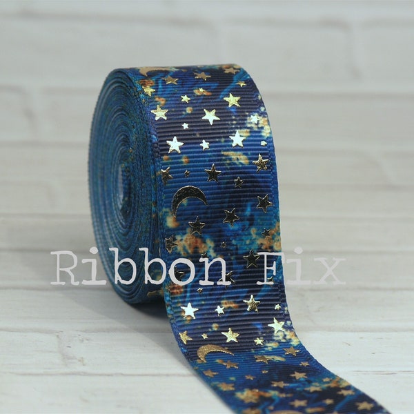 1" Blue and Gold Galaxy with Gold Moon & Stars Print Grosgrain Ribbon - Celestial - Milky Way - Outer Space - Astronaut - Bow - Gift Wrap