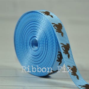 100 yard roll 3/8&quot; Baby Blue & Brown Horse Grosgrain Ribbon - US Designer Print - Rodeo - Farm - Barn - Cowboy - Baby Shower - Dog Collar