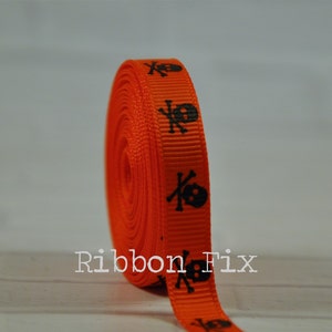 3/8&quot; Orange & Black Skull Grosgrain Ribbon - US Designer Print - Skeleton High - Spooky - Monster - Halloween - Horror Movie - Pirate Bows