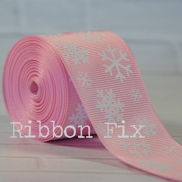 1.5" Christmas Baby Pink Snowflake Print Grosgrain Ribbon - Noel - Winter Snow - Craft Sewing - Holiday Party - Gift Wrap - Dog Collar Leash