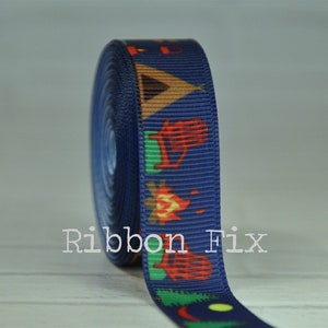 5/8" Light Navy Camping Grosgrain Ribbon - US Designer Print - Travel Tent - Campfire - Outdoor Hunting - Summer - Campground - Fishing Lake