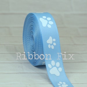 5/8&quot; Baby Blue & White Paw Print Grosgrain Ribbon - US Designer Paws - Dog Cat Collar Leash Bow - Grooming Bows - Gift Wrap - Birthday Party