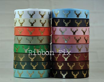 3/8" Gold Foil Deer Head Antler Print Grosgrain Ribbon - Tribal Hunting Bow - Antlers - Baby Pink - Brown - Black - Forest Green - Navy Blue