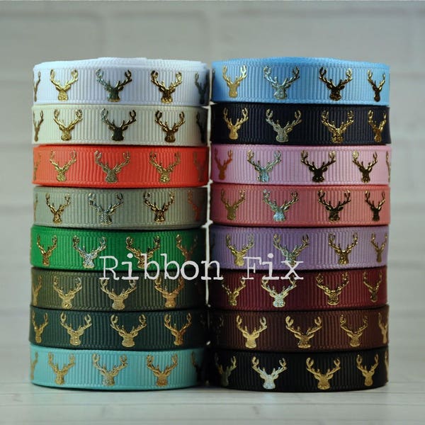 Ruban gros-grain imprimé tête de cerf en feuille d'or de 3/8 pouces - Arc de chasse tribal - Bois - Rose bébé - Marron - Noir - Vert forêt - Bleu marine