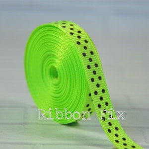 3/8&quot; Neon Yellow & Black Swiss Dots Grosgrain Ribbon - US Designer Print - 80&#39;s Dot - Baby Shower - Wedding - Wreath - Dog Collar Leash
