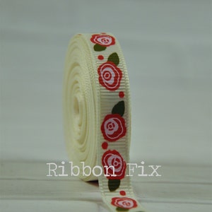 3/8&quot; Antique White Roses Print Grosgrain Ribbon - Pink Floral Garden - Ivory Flowers - Wedding Gift - Baby Shower -  Dog Collar Leash - Bows