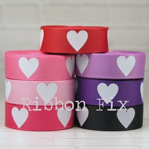 5/8&quot; White Heart Print Grosgrain Ribbon - Valentine&#39;s Day - US Designer - Red - Pink - Purple - Black - Wedding Bows - Love Bow - Gift Wrap