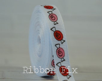 3/8" Pink + Red Candies Print Grosgrain Ribbon - Valentine's Day - Candy Hearts - Wedding - Hugs & Kisses - Love - Dog Collar - Gift Wrap