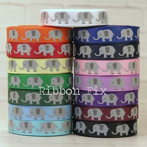 3/8" Grey Elephant Print Grosgrain Ribbon - Crimson - Orange - Yellow - Green - Baby Blue - Aqua - Royal - Pink - Purple - Burgundy - Black