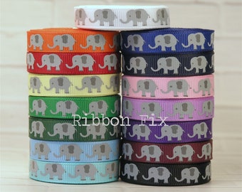 3/8" Grey Elephant Print Grosgrain Ribbon - Crimson - Orange - Yellow - Green - Baby Blue - Aqua - Royal - Pink - Purple - Burgundy - Black