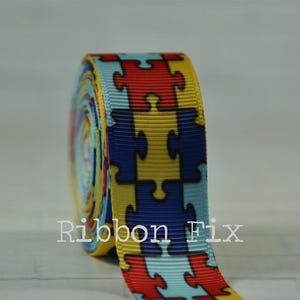 7/8&quot; Large Scale Autism Awareness Puzzle Print Grosgrain Ribbon - School - Jigsaw - Game - Rainbow Pieces - Red - Yellow - Aqua - Royal Blue