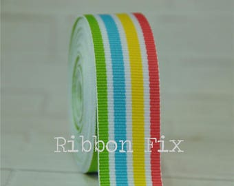 3/8" 7/8" 1.5" Tropical Rainbow Woven Stripe Grosgrain Ribbon - Easter Egg - Spring Stripes - Bright Gift Wrap - Pink - Yellow - Blue Green