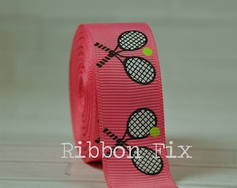 7/8" Hot Pink Tennis Rackets Print Grosgrain Ribbon - Balls - Court - Net - Love - Backhand - Deuce - Serve - Sports Shoe - Dog Collar Leash