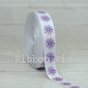 3/8&quot; White Firework Star Burst Grosgrain Ribbon - Red White Blue - USA Stars Bows  - Patriotic- Firecrackers - Cheer Bow - Military Parade