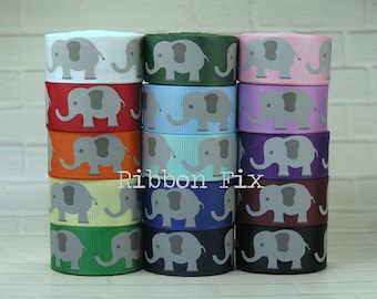 7/8" Grey Elephant Print Grosgrain Ribbon - Crimson - Orange - Yellow - Green - Baby Blue - Aqua - Royal - Pink - Purple - Burgundy - Black