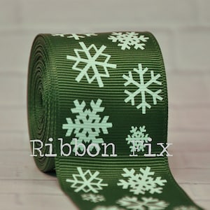 1.5&quot; Forest Green Christmas Snowflake Print Grosgrain Ribbon - Winter Snow Flakes - Holiday Party - Gift Wrap Bows - Dog Collar - Frozen