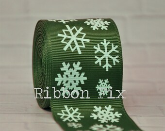 1.5" Forest Green Christmas Snowflake Print Grosgrain Ribbon - Winter Snow Flakes - Holiday Party - Gift Wrap Bows - Dog Collar - Frozen