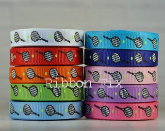 3/8" Tennis Rackets Print Grosgrain Ribbon - Balls - Court - Net Bow - Love - Backhand - Deuce - Serve - Sports Shoes - Dog Collar Leash