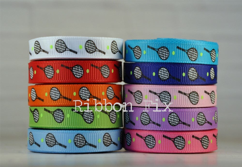 3/8" Tennis Rackets Print Grosgrain Ribbon - Balls - Court - Net Bow - Love  - Backhand - Deuce - Serve - Sports Shoes - Dog Collar Leash