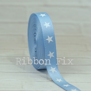 3/8&quot; Baby Blue & White  Star Print Grosgrain Ribbon - Stars + Stripes - US Designer - 4th of July - Patriotic - Old Glory - Military - USA