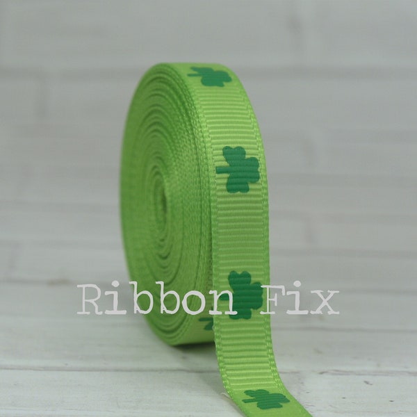 3/8" Lime & Emerald Green Shamrock Print Grosgrain Ribbon - St. Patrick's Day - Irish Clover - Rainbow Luck - Leprechaun - Dog Collar Leash