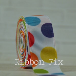 7/8&quot; Bright Polka Dots Grosgrain Ribbon - US Designer - Easter Rainbow - Spring Break - Pink Yellow Blue Green Purple Orange - Summer Bows