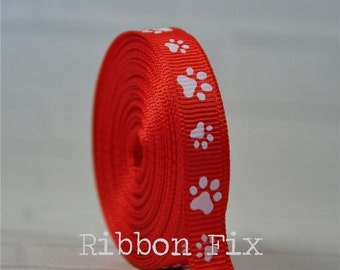 3/8&quot; 5/8&quot; 7/8&quot; Red & White Paw Print Grosgrain Ribbon - US Designer Paws - Baby Shower - Dog Collar Leash Bow - Grooming Bows Gift - Animal