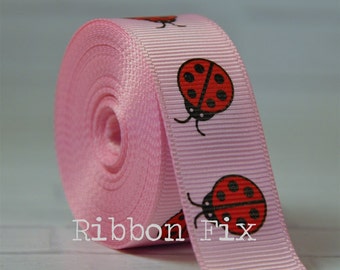 7/8" Baby Pink Ladybugs Print Grosgrain Ribbon - US Designer - Baby Shower - Lady Bug Dots - Dog Collar Leash - Spots - Red & Black Spots